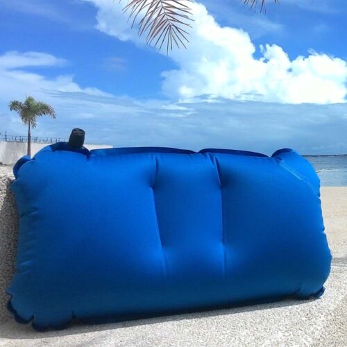Portable neck support travel pillow, inflated, ready for long journeys or camping trips