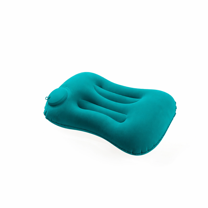 Compact and ultralight inflatable camping pillow with integrated hand pump, designed for adventurers.