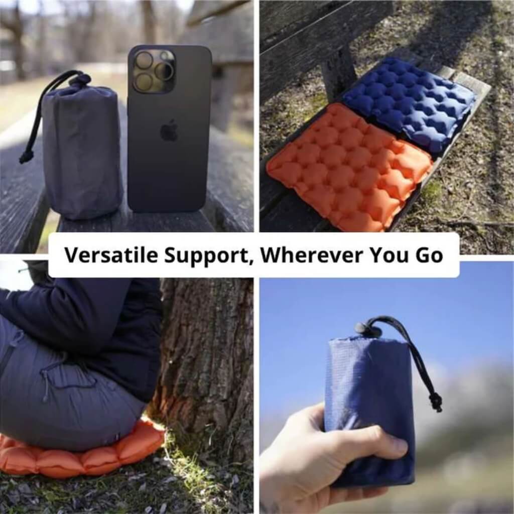 Inflatable camping seat cushion with ergonomic design for maximum support