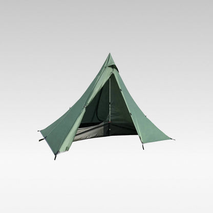 Ultralight pyramid tent for 1-2 people, set up in a forest, ideal for backpacking.