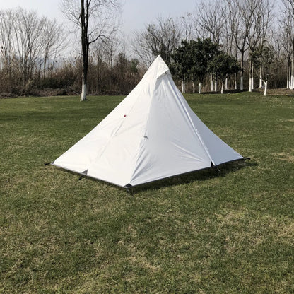 Backpacking pyramid tent, with trekking pole setup, emphasizing ease of use and light weight.