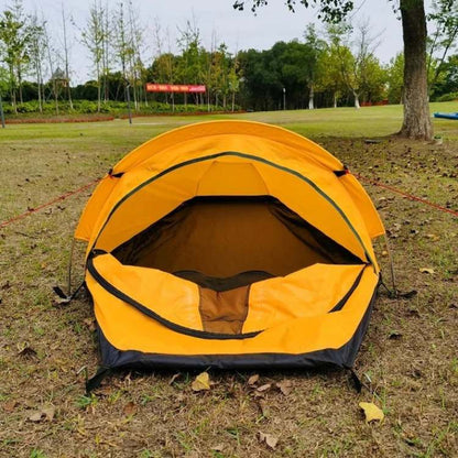 Close-up of the waterproof fabric of an ultralight single person backpacking tent with rain fly