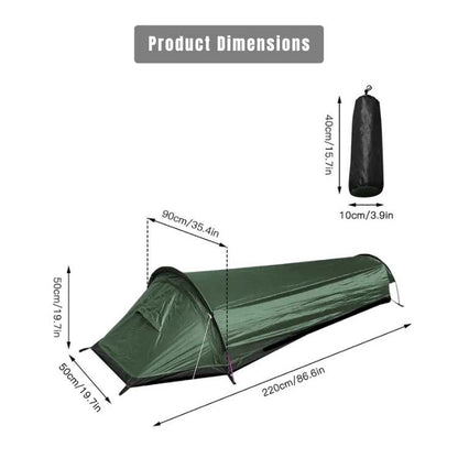 Compact ultralight single person camping tent packed beside hiking boots and backpack on a trail