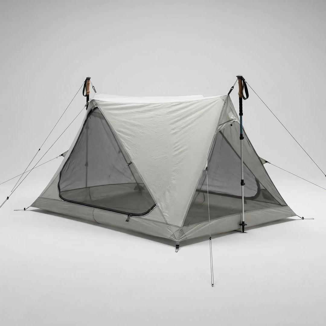 Unisex ultralight mesh tent, pitched for a single person's trekking, hiking or camping trips.