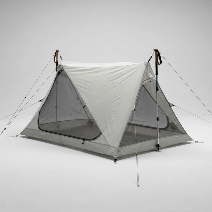 Unisex ultralight mesh tent, pitched for a single person's trekking, hiking or camping trips.