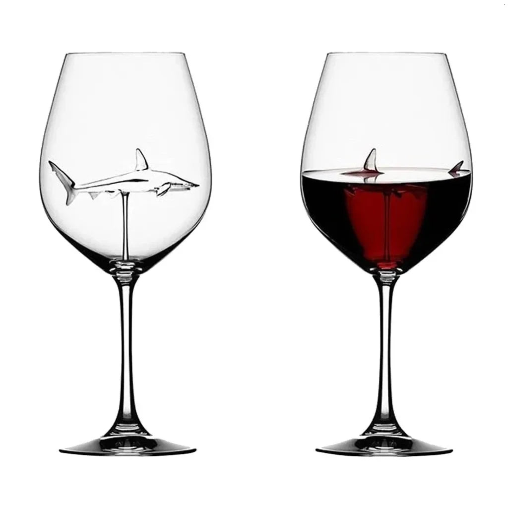 Unique shark-themed drinking glass for beverages. Novelty drinkware, perfect for kitchen, home, or gifts.