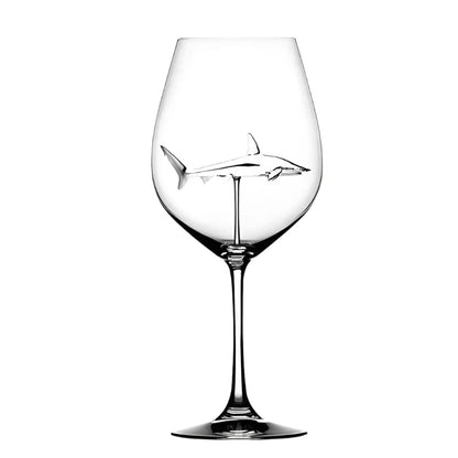Hand-blown shark glass with intricate 3D shark design inside. Fun and unique novelty drinkware for any home bar.