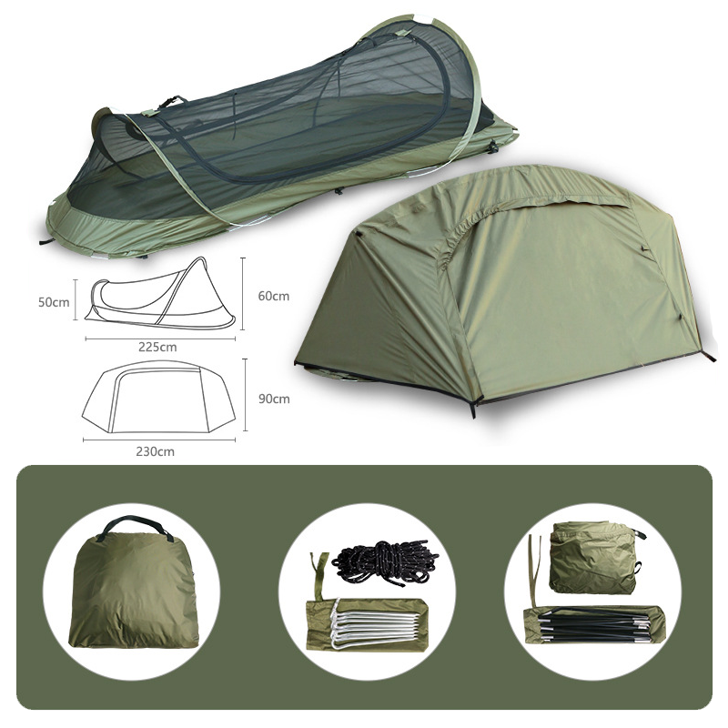Portable 1-person instant tent carried by a hiker on a mountain trail, ultralight gear.