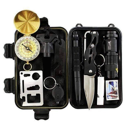 Unisex 10-in-1 Emergency Survival Gear Kit for camping and hiking, tactical wilderness safety