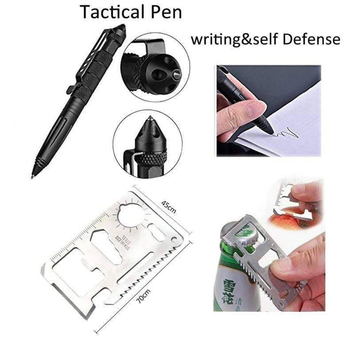 Durable survival kit containing multi-tool, flashlight, and more for wilderness safety