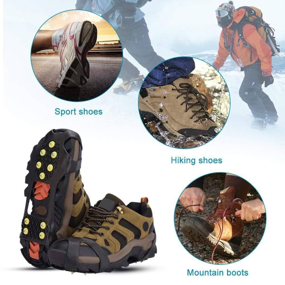Close-up of durable 10-stud shoe spikes, essential outdoor gear for snow and ice trekking