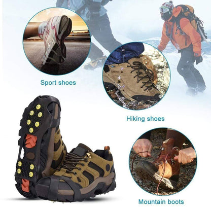 Close-up of durable 10-stud shoe spikes, essential outdoor gear for snow and ice trekking