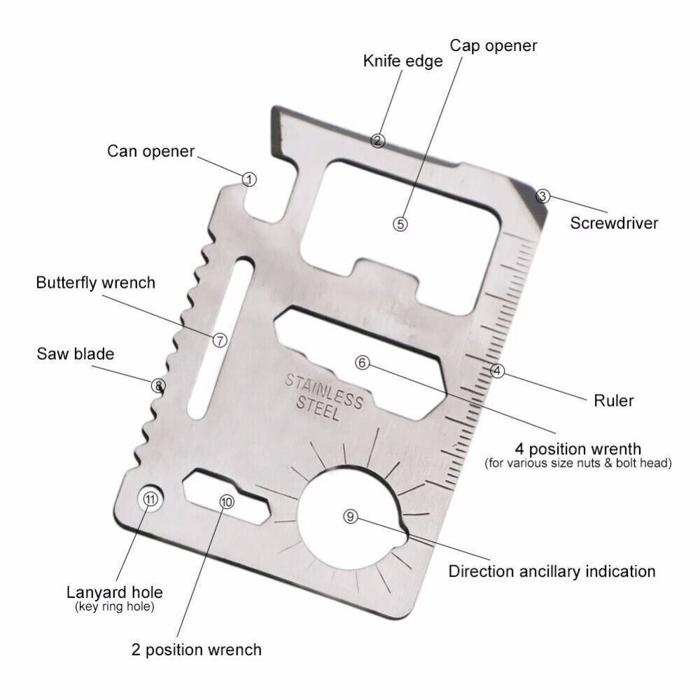 Versatile 11-in-1 credit card multi-tool, a must-have pocket gadget for outdoor enthusiasts