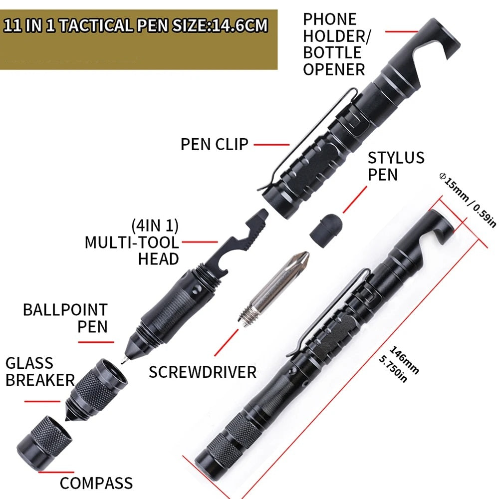 Multi-functional survival tool: 11-in-1 tactical pen, ideal emergency gear and camping accessory, a great gift for him.