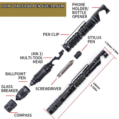 Multi-functional survival tool: 11-in-1 tactical pen, ideal emergency gear and camping accessory, a great gift for him.