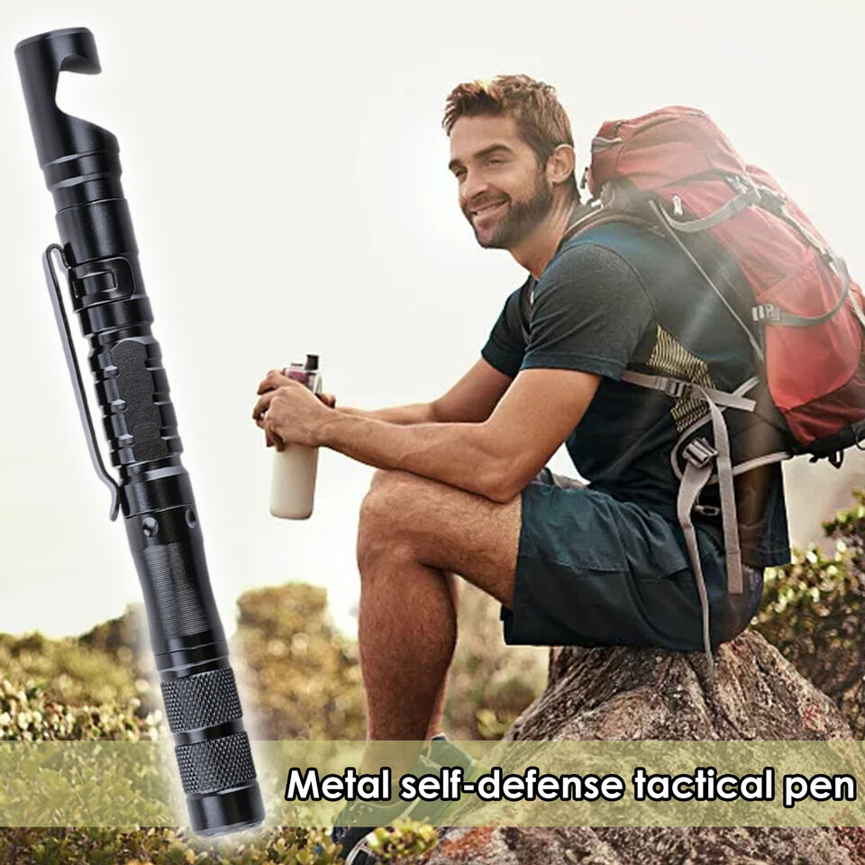 Black 11-in-1 survival tactical pen, durable aircraft aluminum multi-tool for emergency and outdoor use.