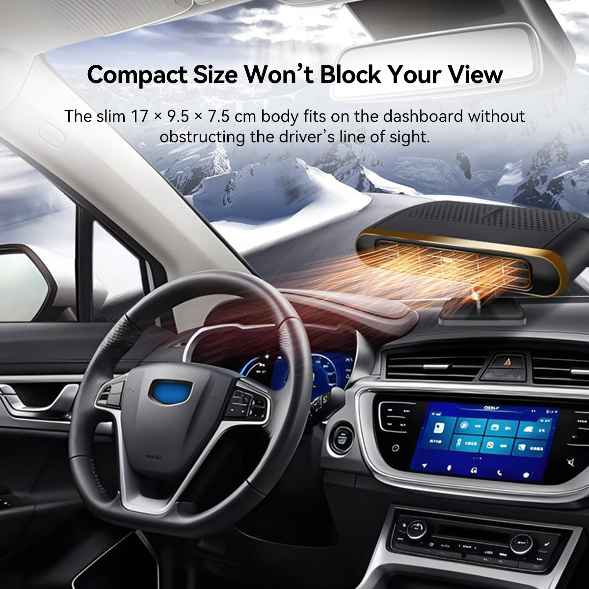 Back view of 12V portable car heater showing power cord for auto accessory