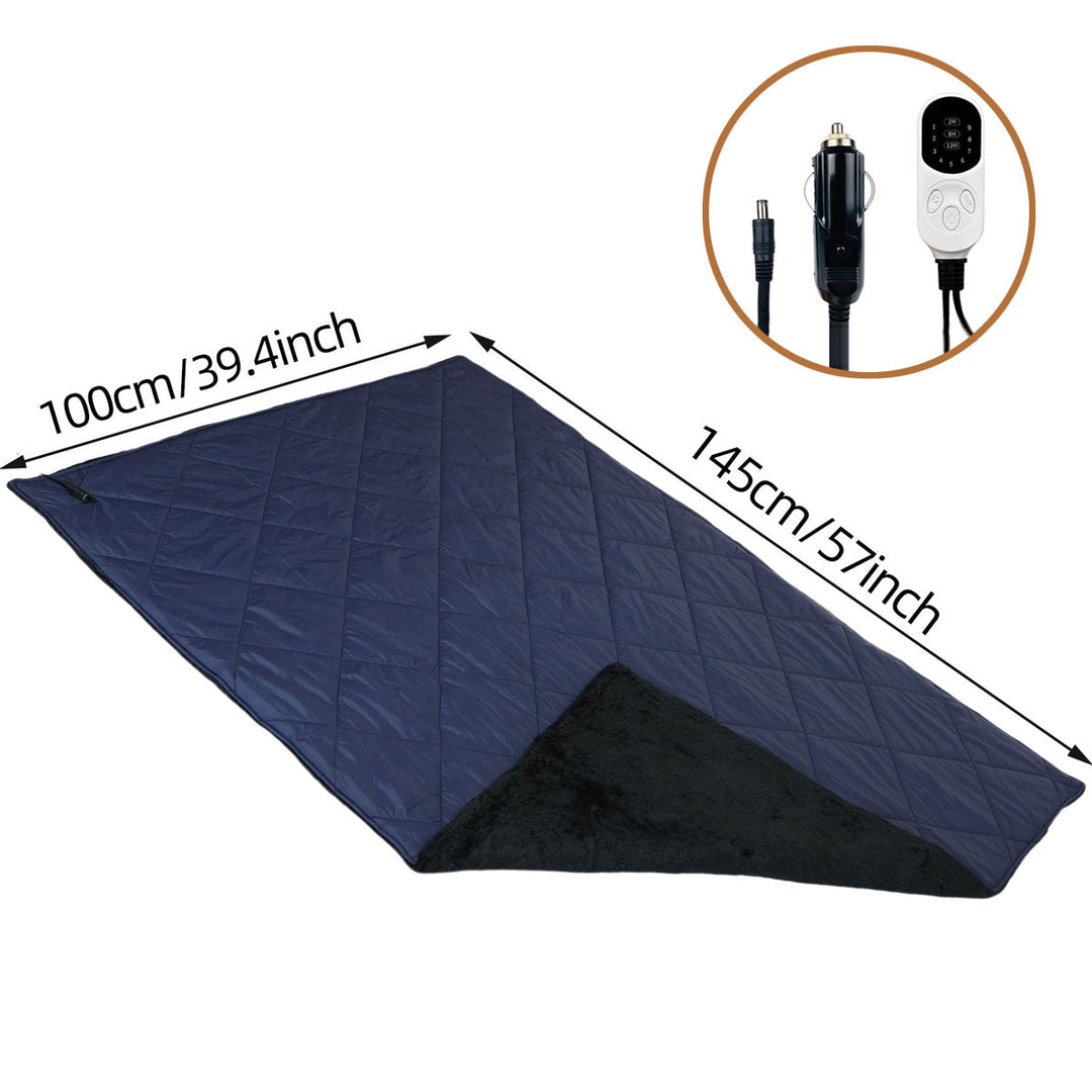 Outdoor gear: 12V USB heated car blanket draped over a camp chair, ideal for RV accessory or camping