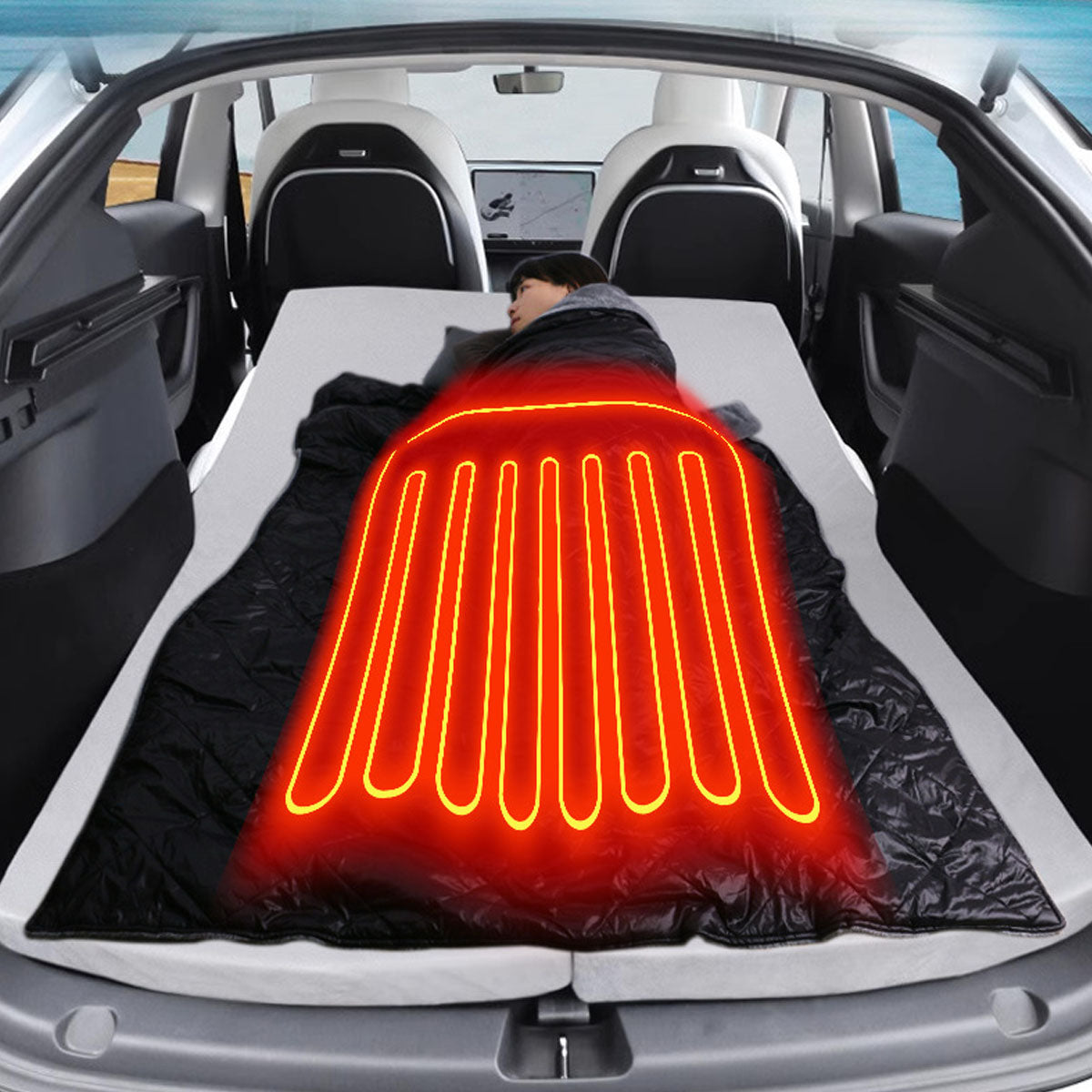 Close-up of soft USB heating blanket texture, gray, showing stitching, ideal car accessory for warmth