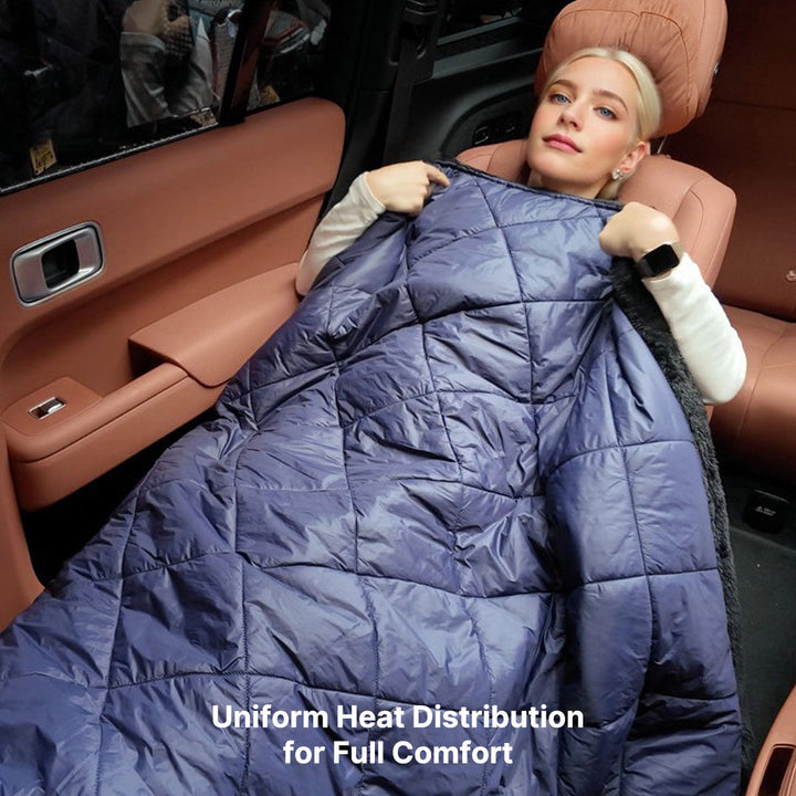 Portable 12V USB travel blanket plugged into car's USB port, draping over passenger seat, cozy comfort