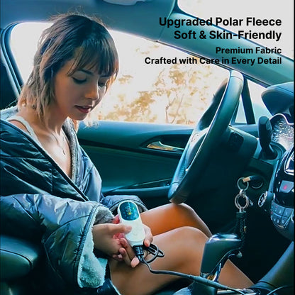 Unisex heated car blanket folded neatly, demonstrating portability, essential outdoor gear for RV travel