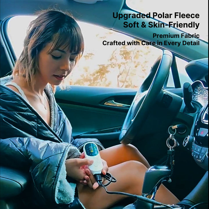 Unisex heated car blanket folded neatly, demonstrating portability, essential outdoor gear for RV travel