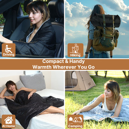 A person's hands adjusting the 12V USB heated blanket in a car, highlighting easy use and warmth