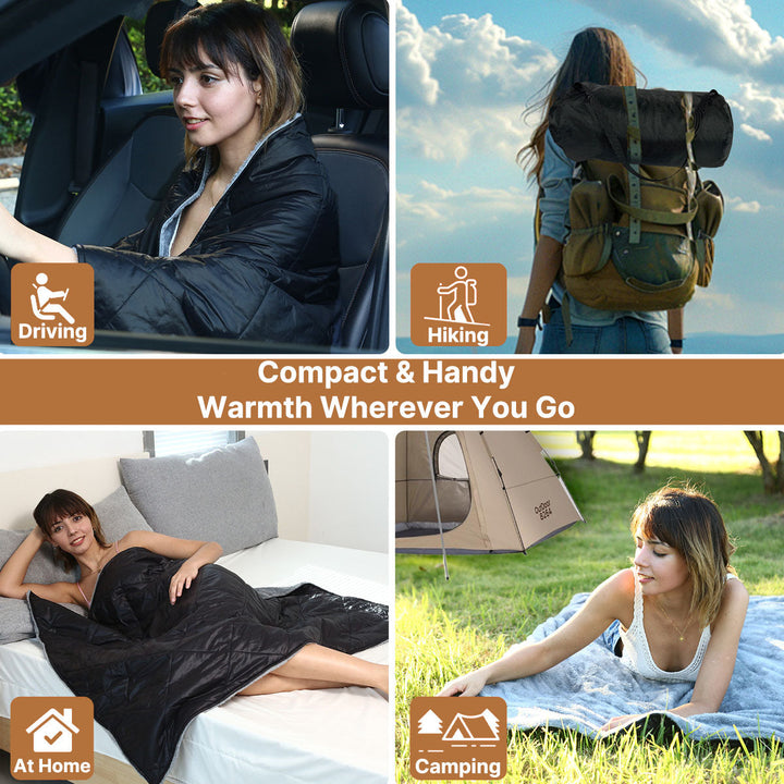 A person's hands adjusting the 12V USB heated blanket in a car, highlighting easy use and warmth