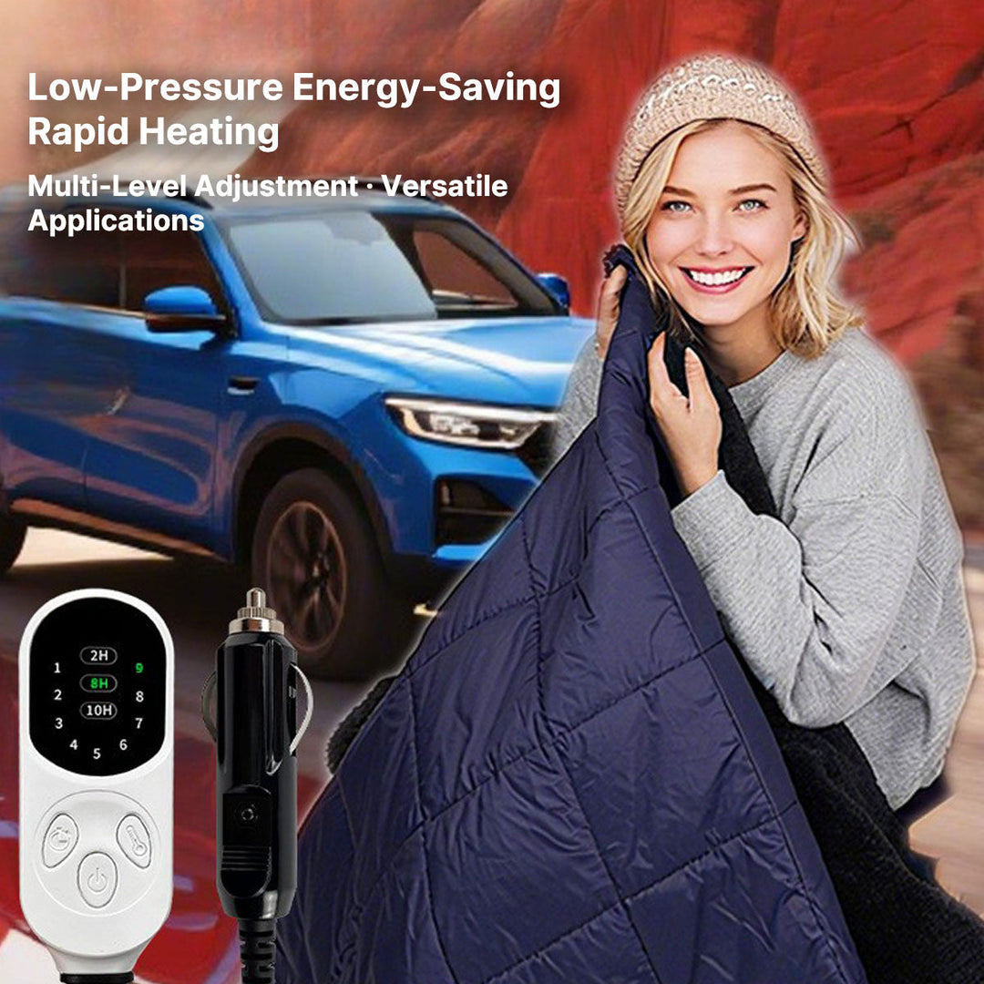 Detail of USB plug and cable for 12V car blanket, emphasizing compatibility and portable heater function