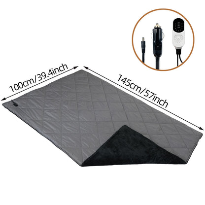 Unisex heating blanket keeping car passenger warm during a snowy road trip, ultimate cozy comfort