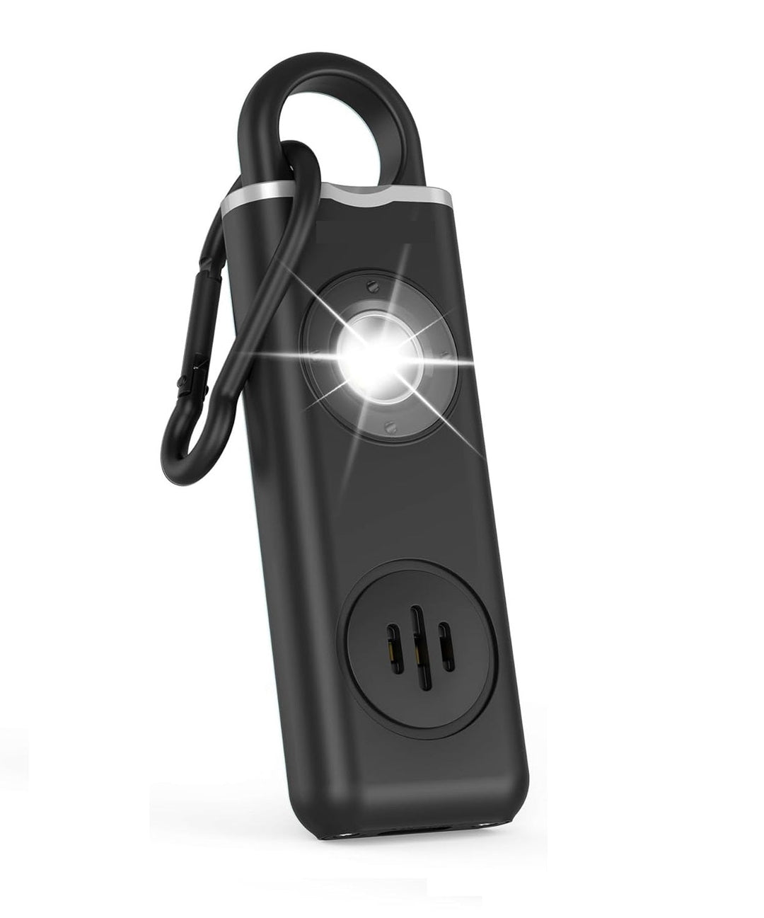 Compact and powerful 130dB self-defense alarm keychain, easily attachable to bags or keys.