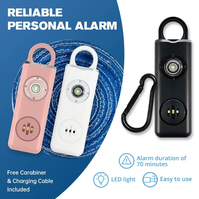 Compact 130dB personal security alarm keychain, rechargeable for continuous protection, suitable for all ages.