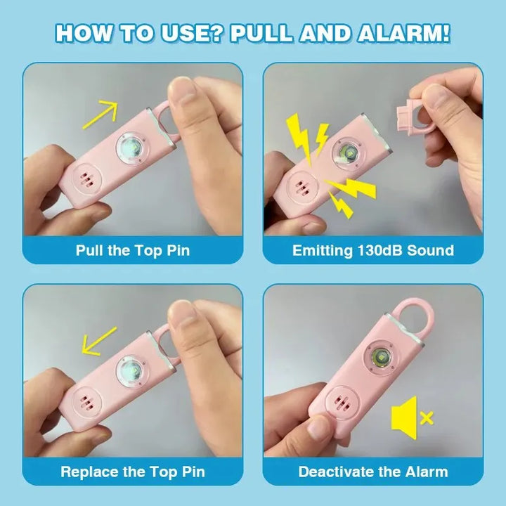 Keychain personal safety alarm with loud 130dB siren and built-in LED, essential self-defense gear.