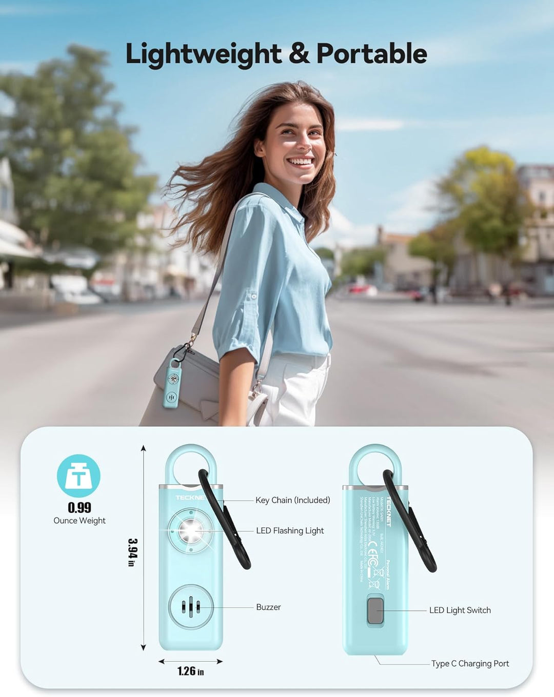 Ultra-loud 130dB rechargeable safety alarm keychain, designed for quick activation in emergencies.