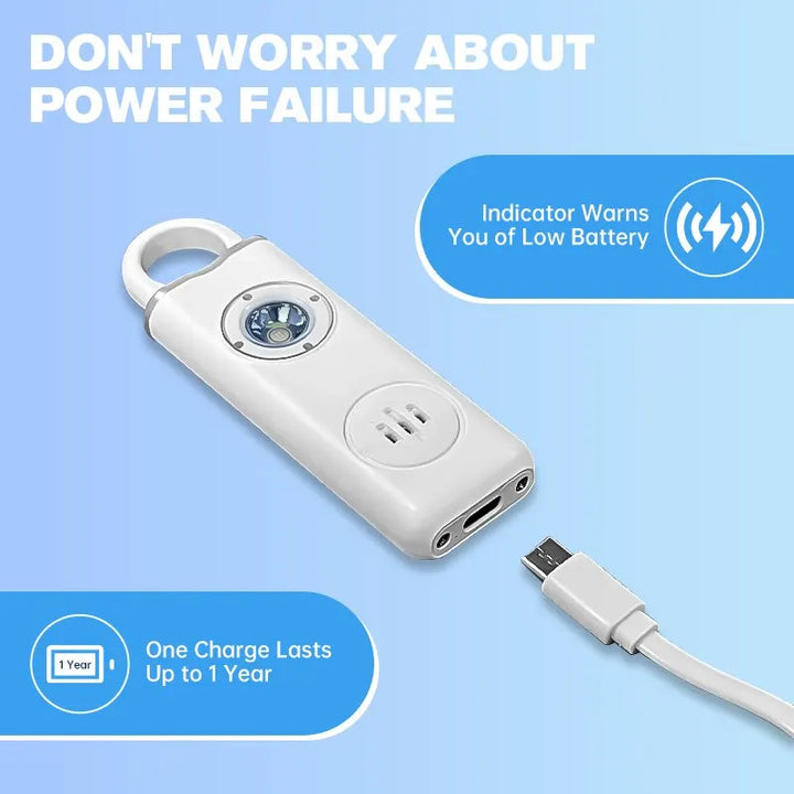 Rechargeable keychain personal safety alarm, 130dB sound output ensures attention in critical situations.