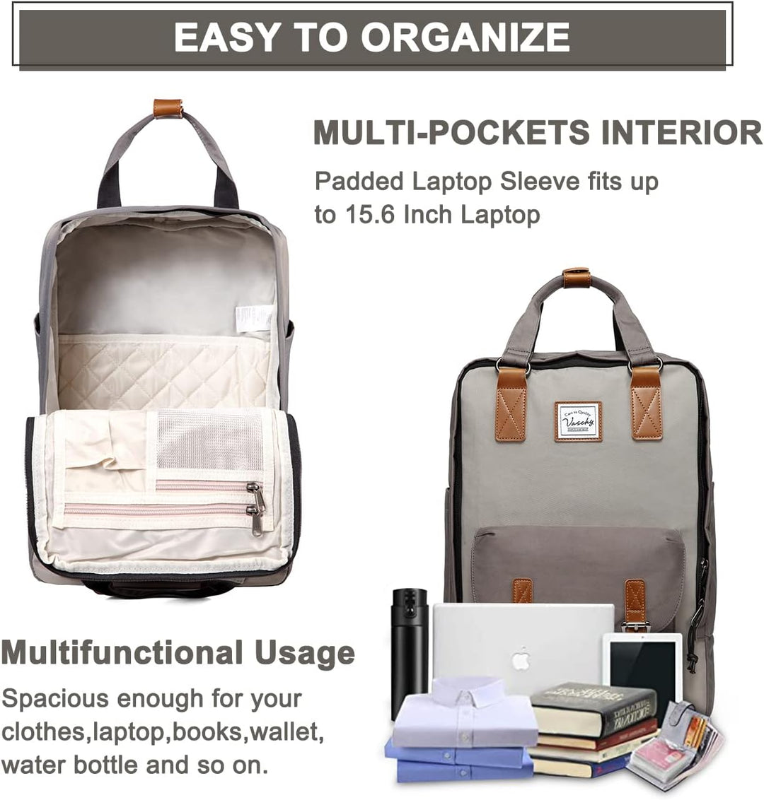 Front view of the 15.6-inch water-resistant laptop backpack, highlighting its vintage design.