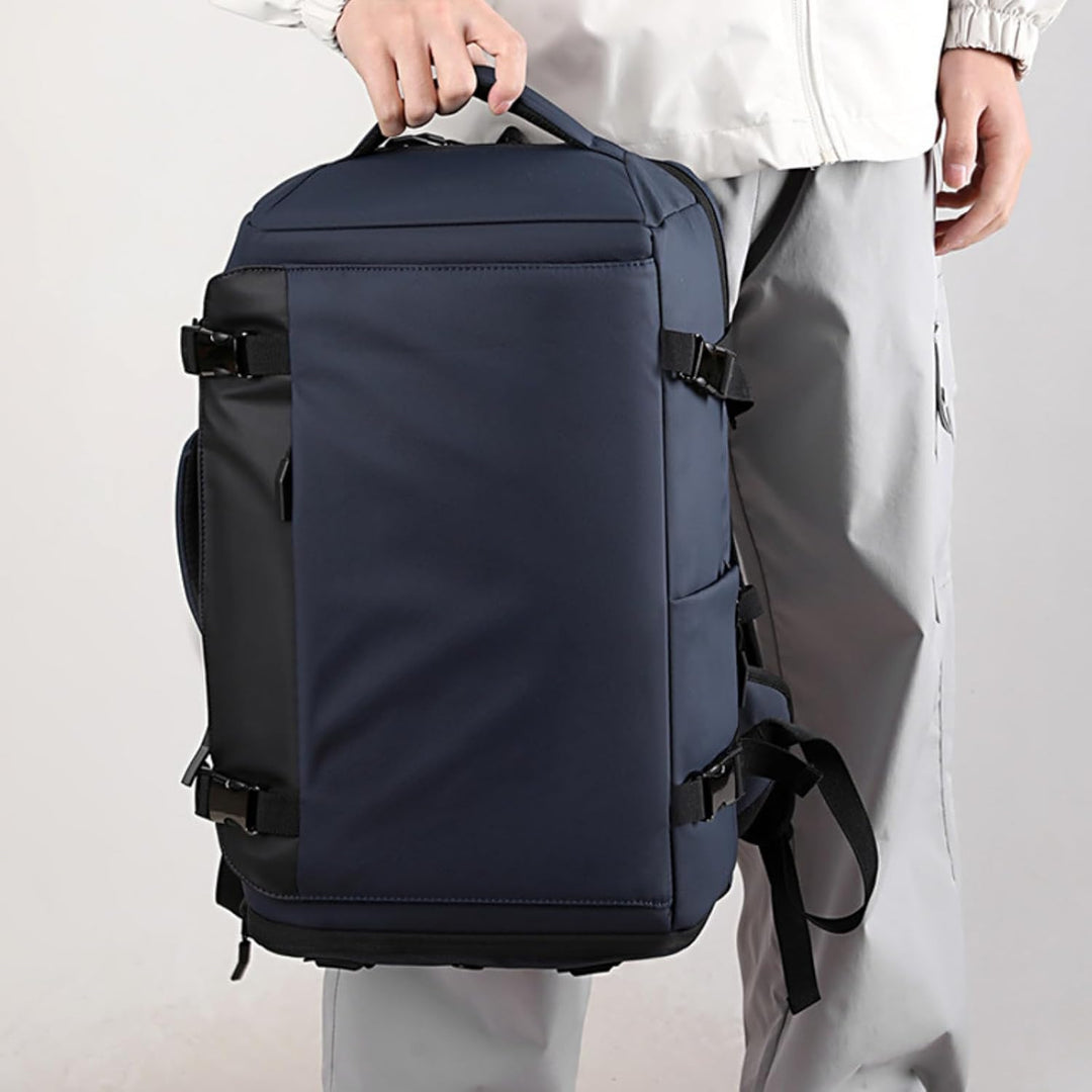 Unisex 15" waterproof laptop backpack with side-open design & USB-C port. Ideal for commuters.