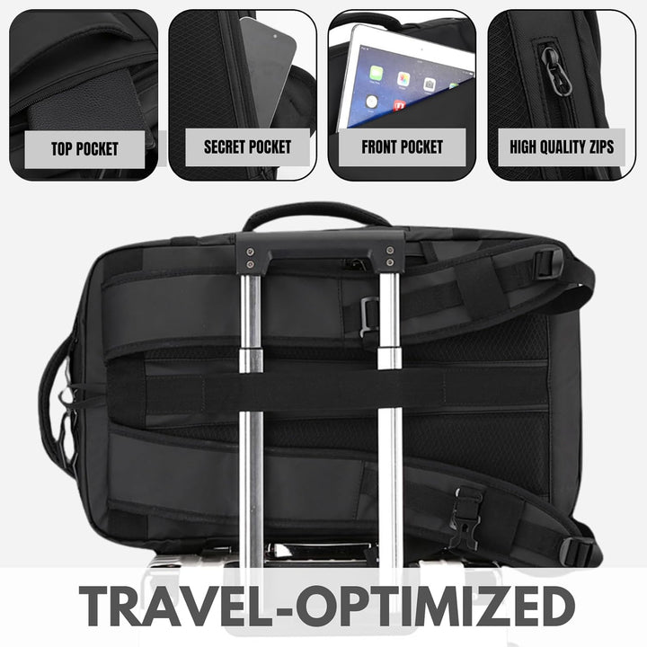 TrekPro 15" waterproof laptop backpack, side-open, USB-C port, organized pockets for essentials.