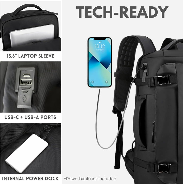 Organized storage 15" waterproof laptop backpack, side-open, USB-C charging, adventure gear.