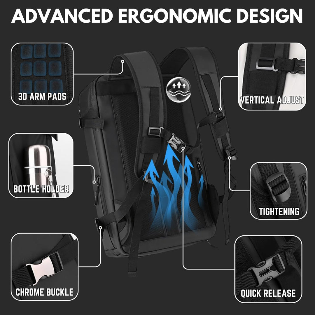 Durable 15" waterproof laptop backpack with side-open design & USB-C port, unisex travel bag.
