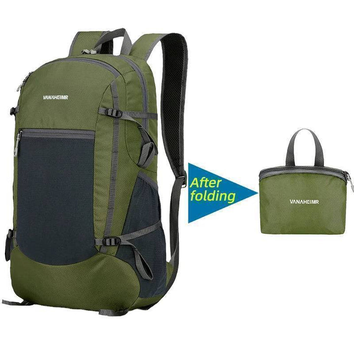 Gray 18L compact backpack, unfolded and ready for use as a versatile travel bag