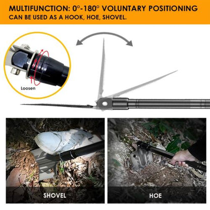 Durable camping and survival shovel, multitoool, shown folded for compact storage and portability