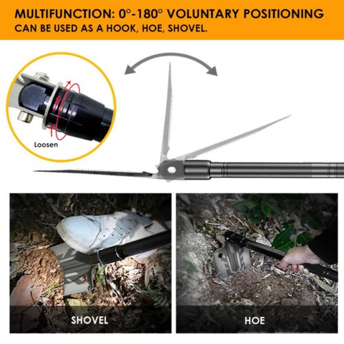 Durable camping and survival shovel, multitoool, shown folded for compact storage and portability