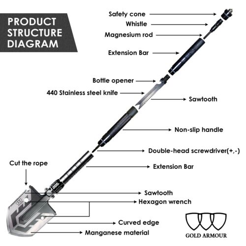 Versatile 19-in-1 compact adventure folding shovel with various functions for outdoor exploration