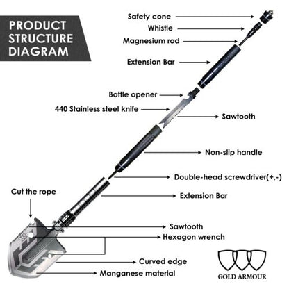 Versatile 19-in-1 compact adventure folding shovel with various functions for outdoor exploration