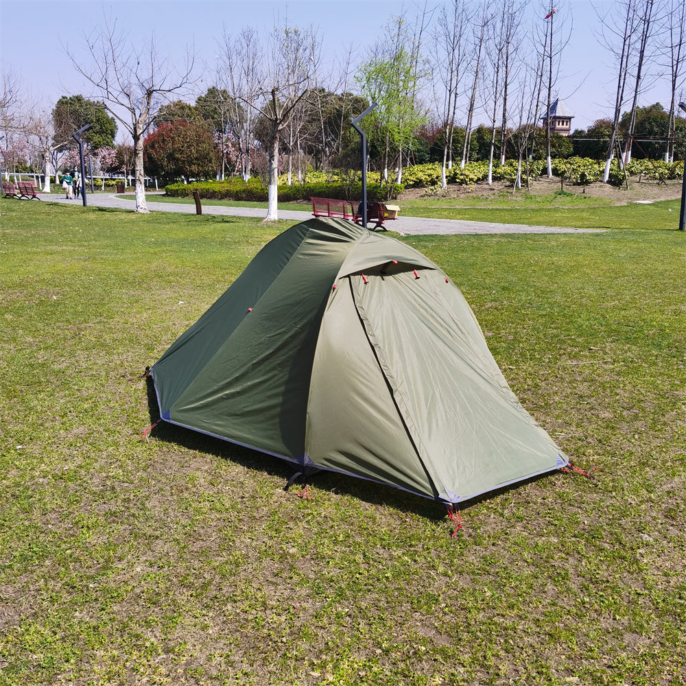 Overhead view of a waterproof ripstop camping tent, showing its aerodynamic design.