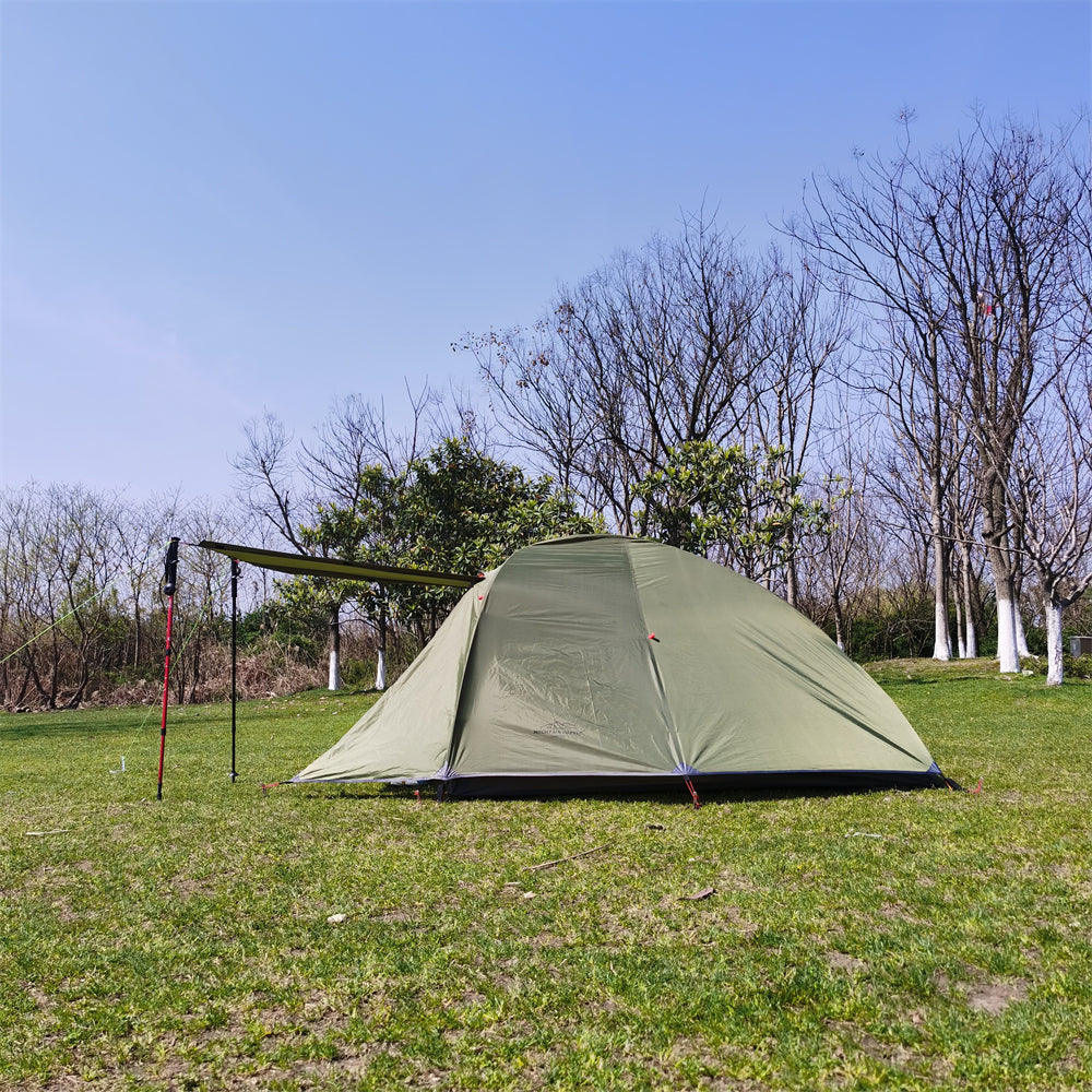 Unisex waterproof camping tent with fluorescent guylines for visibility, essential outdoor gear.