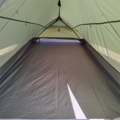 All-season lightweight camping tent components laid out: poles, fly, and main body.
