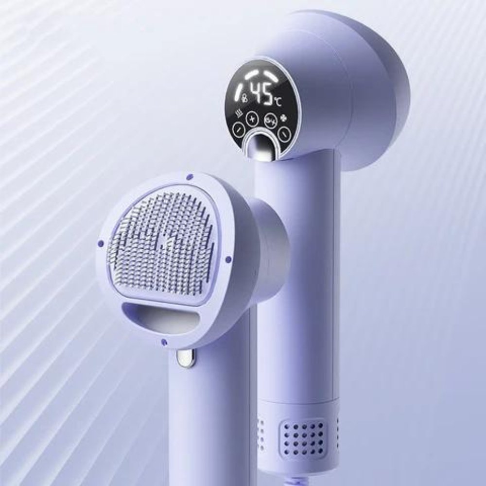 Unisex 2-in-1 dog hair dryer & grooming brush for efficient pet care. Gently dries and desheds.