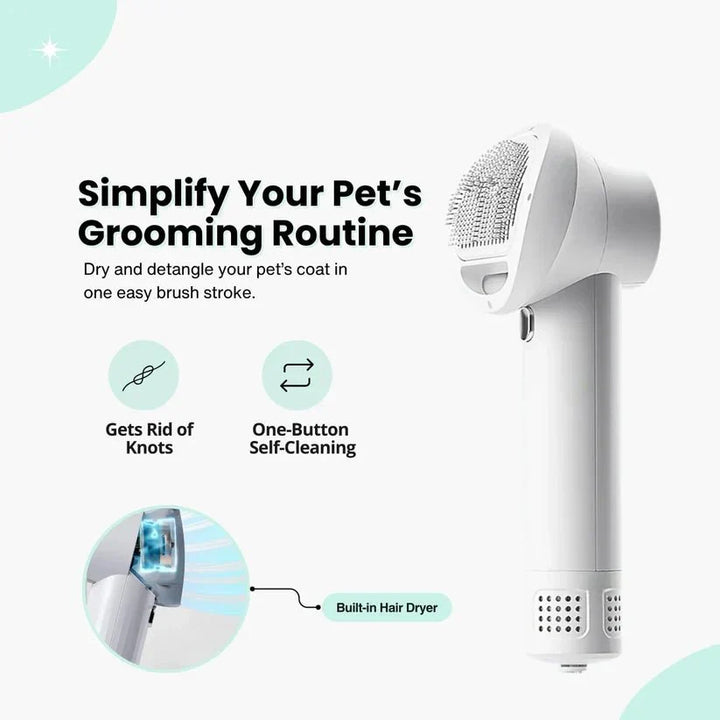 Portable pet grooming tool: dog hair dryer with detangling brush. Essential for quick, easy pet care.